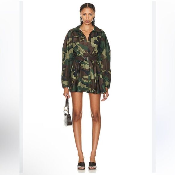 Norma Kamali Oversized Bf Shirt Flared Mini Dress Camo Revolve XS - Picture 3 of 8